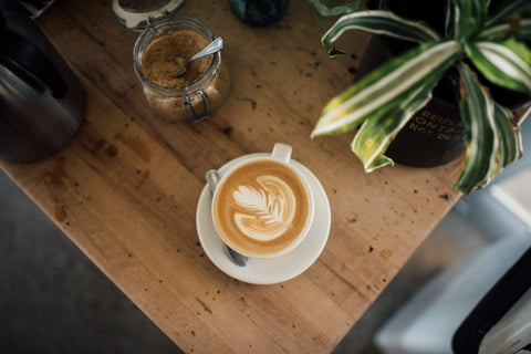 Cappuccino with rosetta art, seen from above