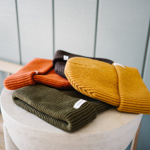 Scout Beanies in Rust, Brown, Gold and Green, stacked, close up